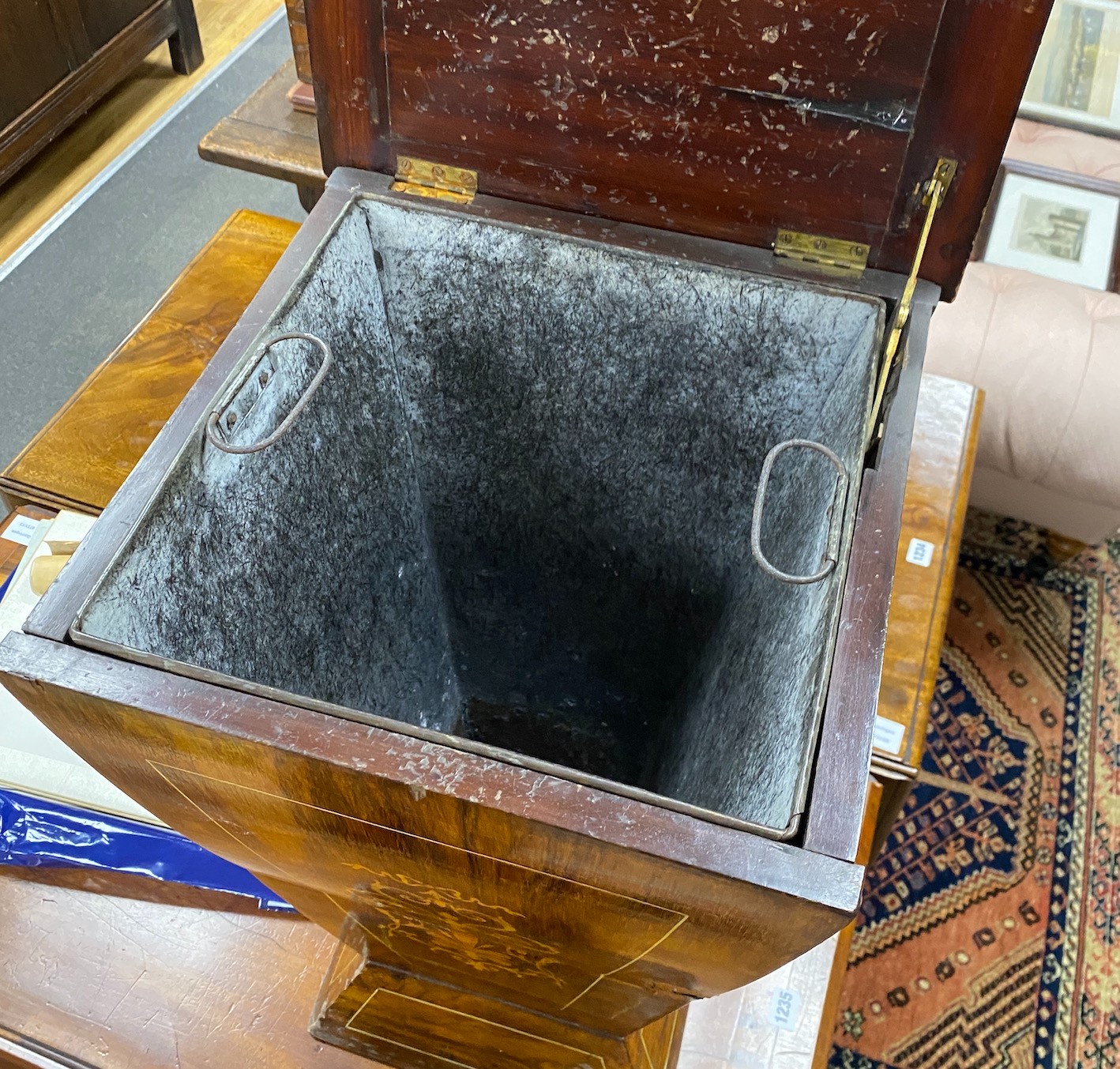 An Edwardian inlaid rosewood pedestal coal scuttle, width 38cm, depth 38cm, height 63cm